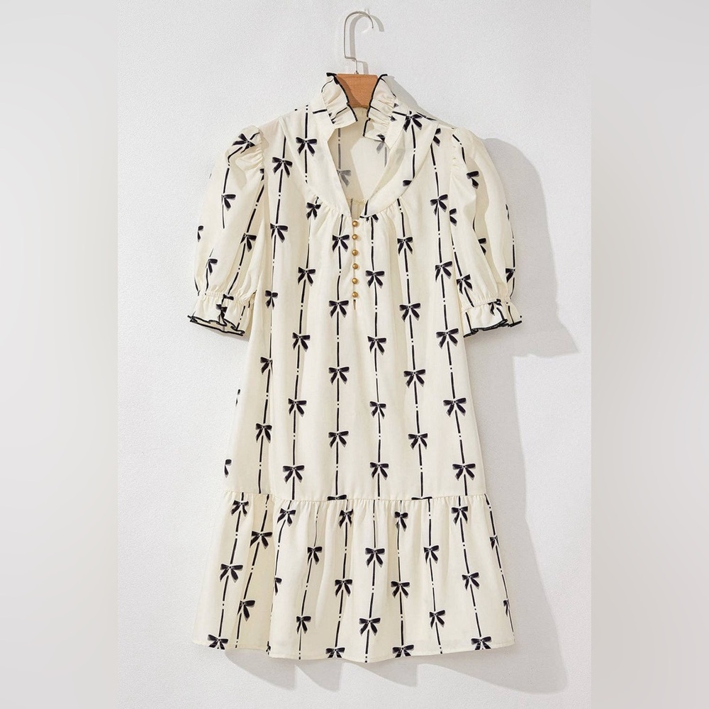 Beige Cute Bowknot Printed Bubble Sleeve V Neck Mini Dress